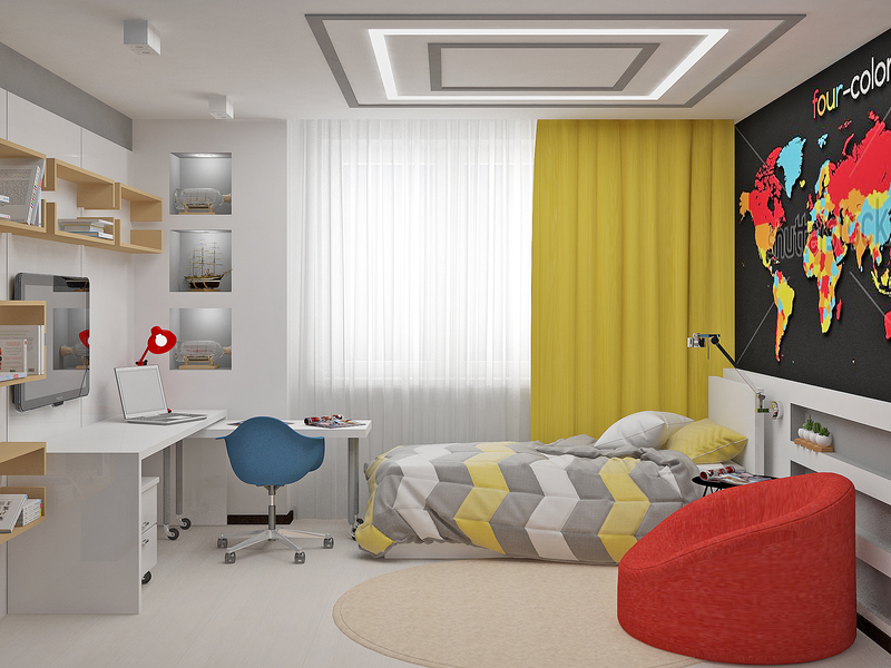 Chambre avec rideaux jaunes