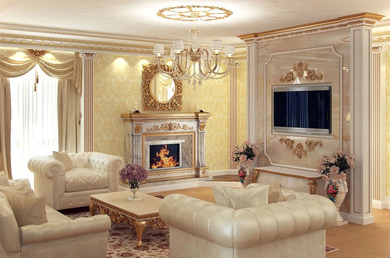 Klassisk stil i ett stort vardagsrum