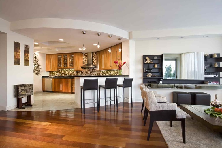 A escolha da cozinha de design com sala de estar