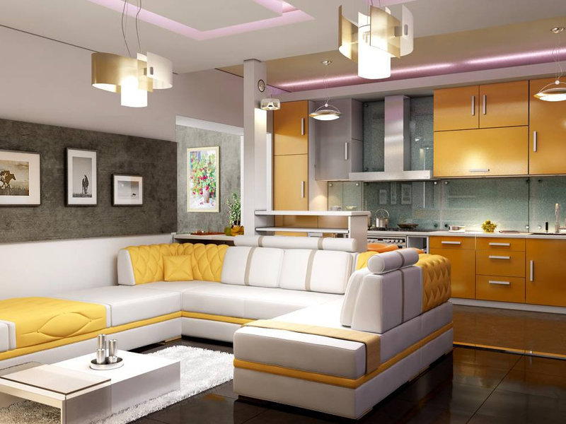 Nhà bếp với đồ nội thất màu vàng