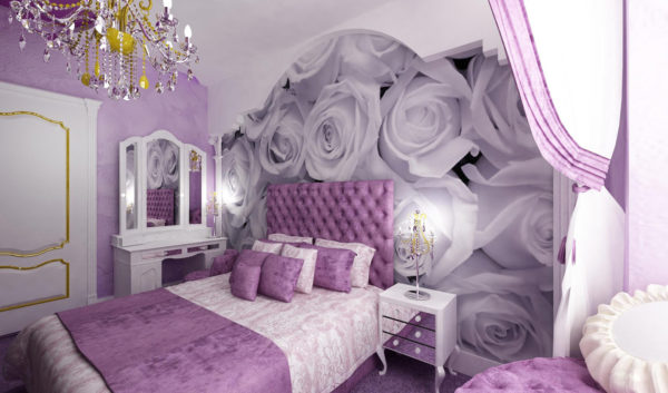 Lilac farge soverom interiør